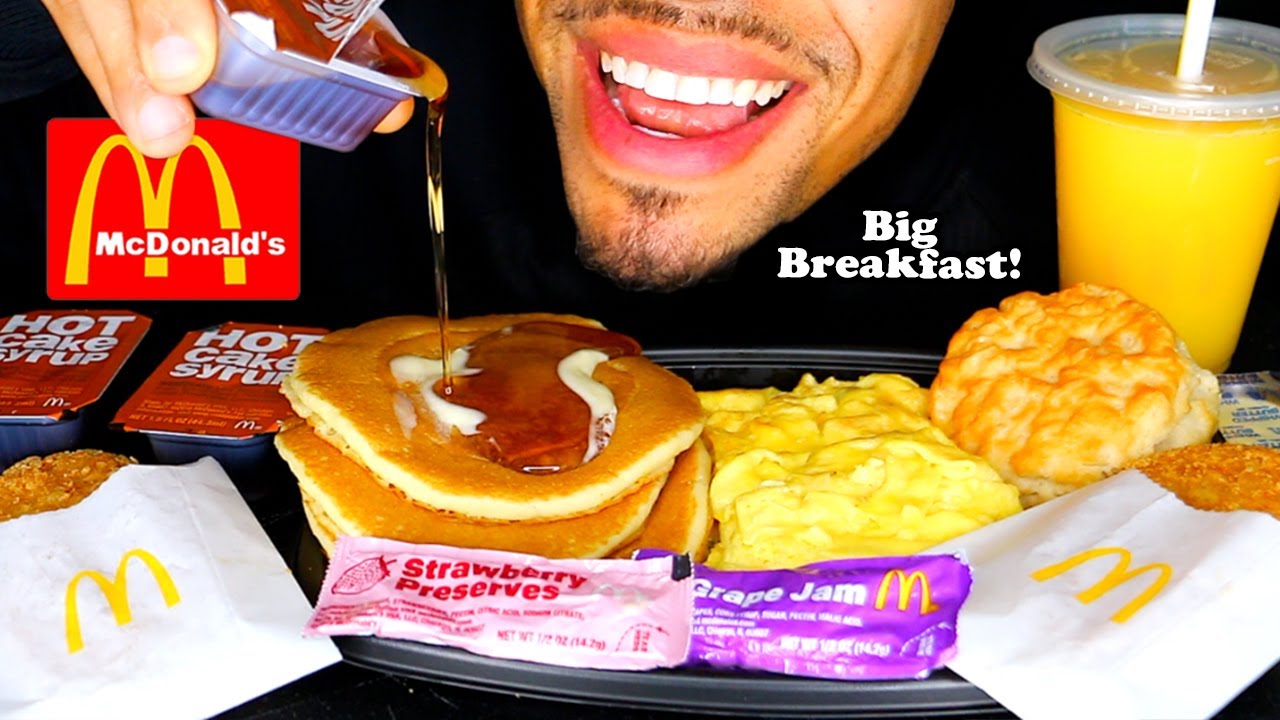 MCDONALD'S BIG BREAKFAST WITH HOTCAKES HASH BROWNS BISCUIT ORANGE JUICE ASMR MUKBANG