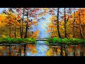 Autumn forest trees and lake step by step acrylic landscape painting