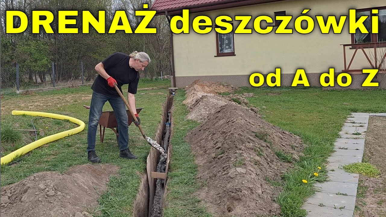 DRENAŻ, odprowadzenie DESZCZÓWKI z dachu. Odwodnienie, rozprowadzenie wody do studzienek chłonnych.