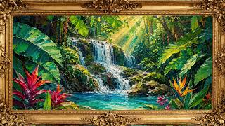 Tropical Jungle Waterfall Painting | Gold Frame TV Art | Art Screensaver for TV | 1 Hour 4K