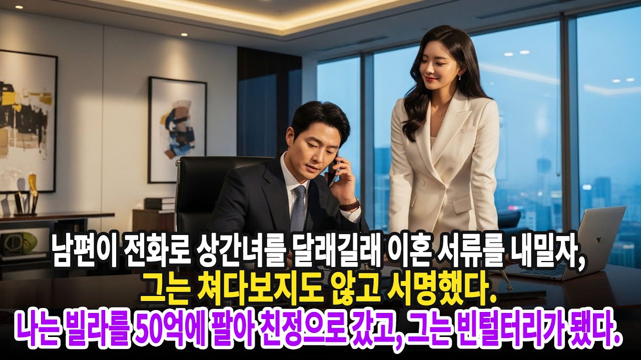 남편이 전화로 상간녀를 달래길래 이혼 서류를 내밀자, 그는 쳐다보지도 않고 서명했다. 나는 빌라를 50억에 팔아 친정으로 갔고, 그는 빈털터리가 됐다ㅣ황혼연애ㅣ노후사연ㅣ재혼