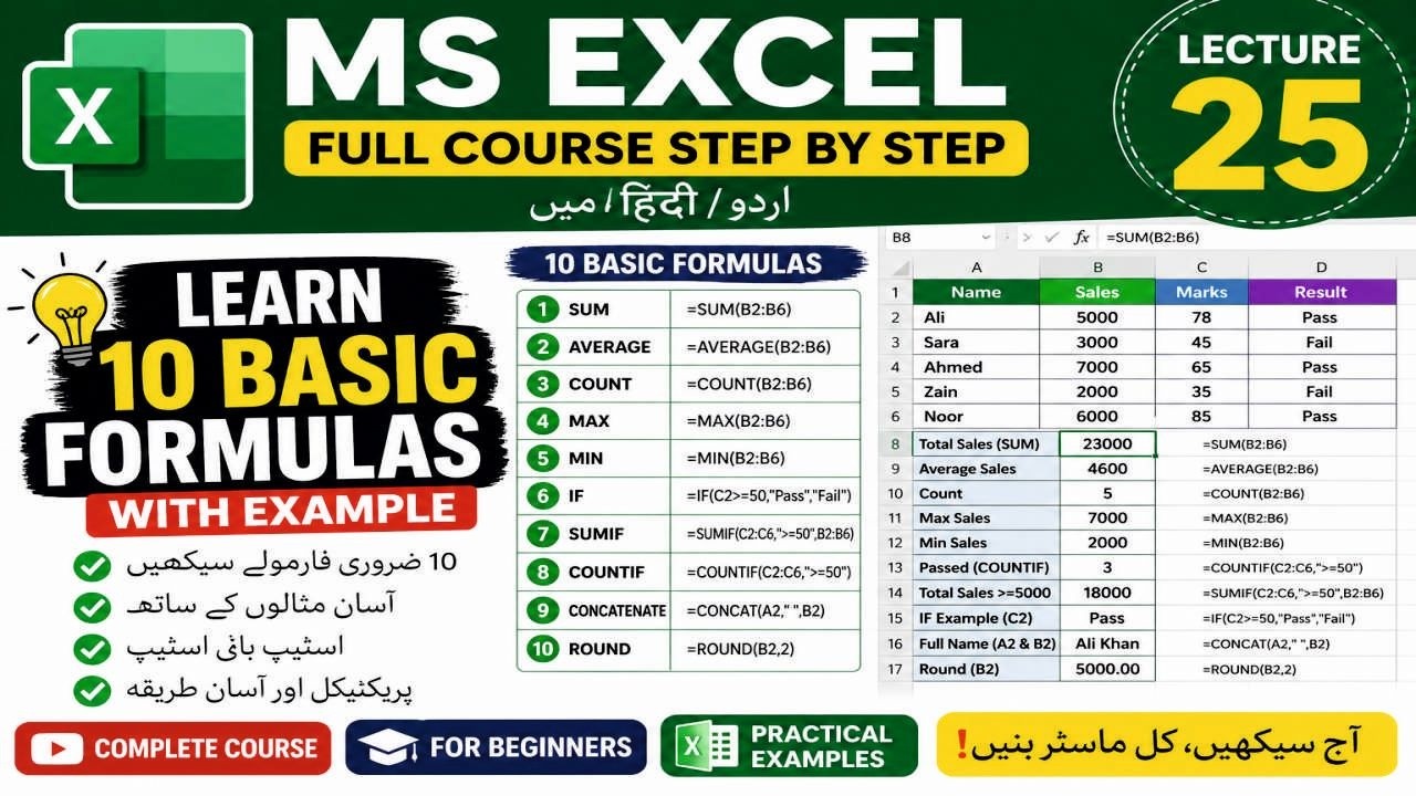 MS Excel Full Course Step by Step in Urdu Hindi Lecture 25 | Learn 10 ...