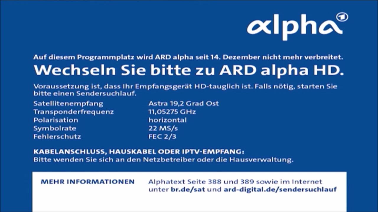 SD - Abschaltung ARD - alpha / Hinweise SR Fernsehen SD und Radioprogramme