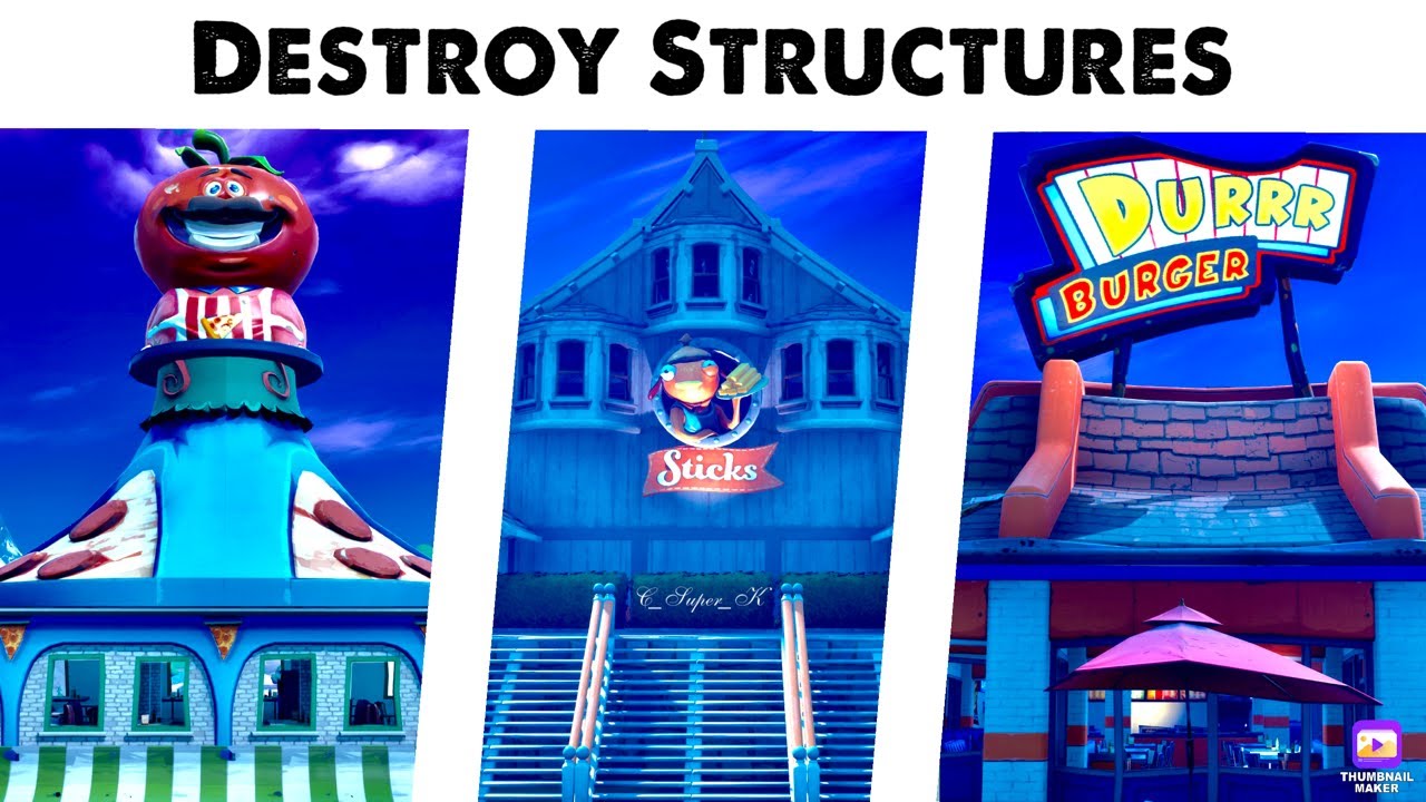 Destroy Structures At Pizza Pit Sticks Or Durr Burger Quest Chapter 2 Season 5 Xp Challenge Youtube