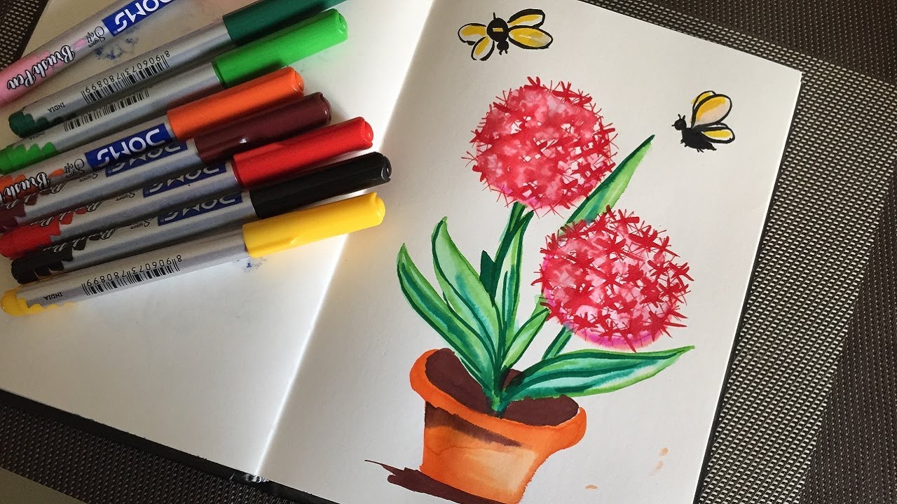 Football lily flower painting with watercolor brush pen Relaxing art