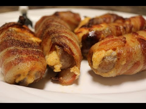 Cheese stuffed brats wrapped in bacon!!