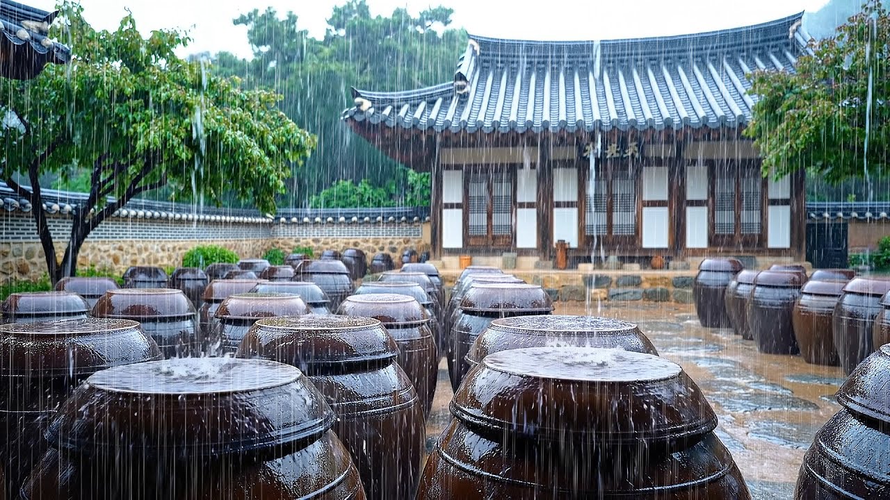 한옥 마당에 놓인 김치 항아리 위로 떨어지는 편안한 빗소리. 환경 ASMR 사운드