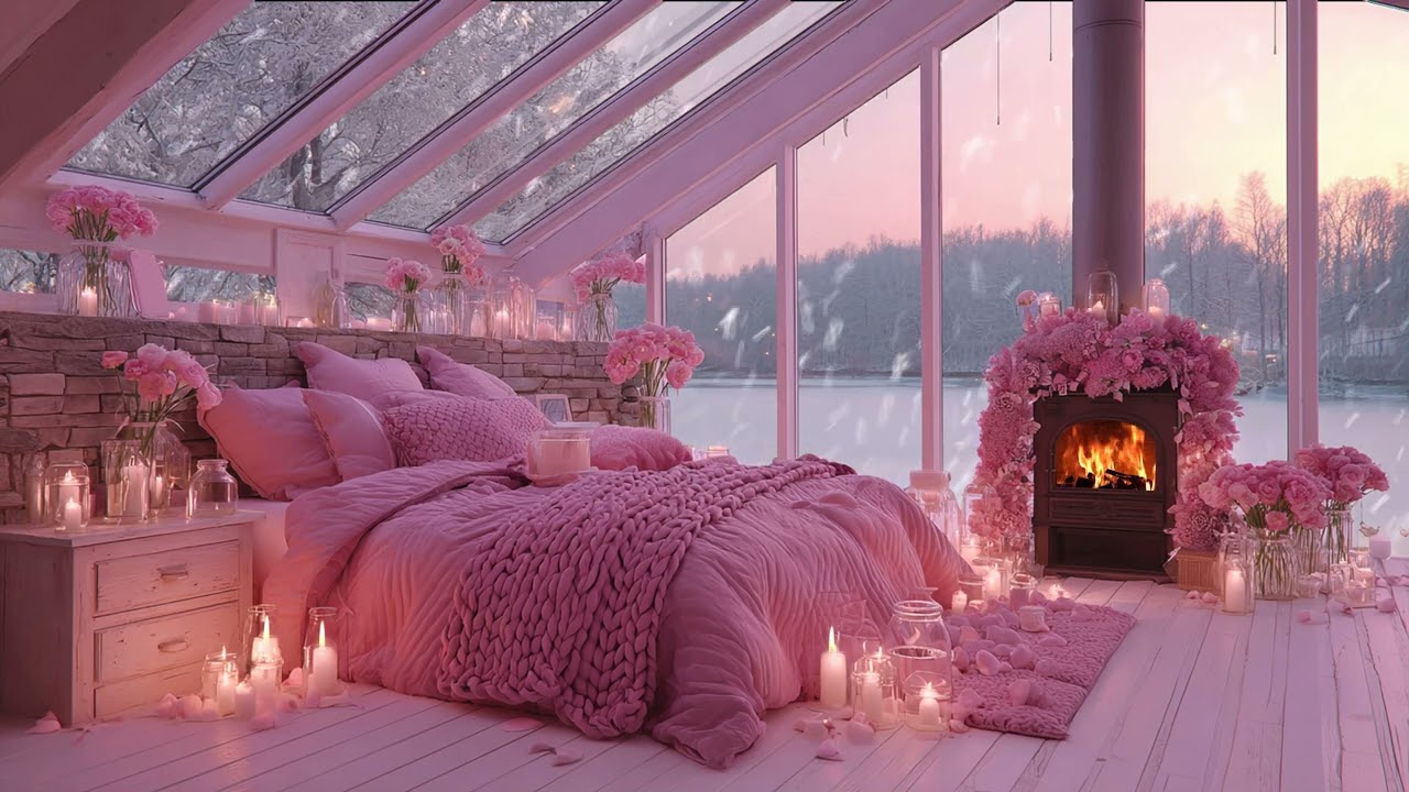 💕❄️ Pink Valentine’s Snow Room ❄️💕 Cozy Fireplace & Soft Harp Ambience 🎶