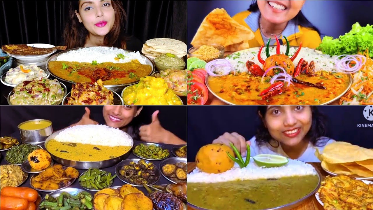 Asmr Eating Dal Rice (dal chawal) Bharta Veggies Fry (Brinjal Karala Aloo Saag Beans Bhindi) Papad 
