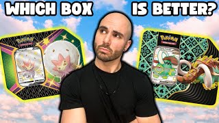BATTLE OF THE BOXES!! | Pokemon TCG Shining Fates Tin VS. Paldean Fates Tin!!