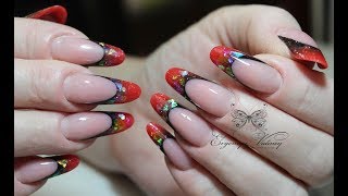 Красно-черный арт френч/Коррекция арочный миндаль Красно-черный арт френч/Коррекция арочный миндаль