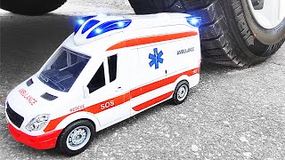 Experiment: Wheel Car VS Emergency Ambulance Car Toy &amp; Siren. Crushing Crunchy &amp; Soft Things by Car!