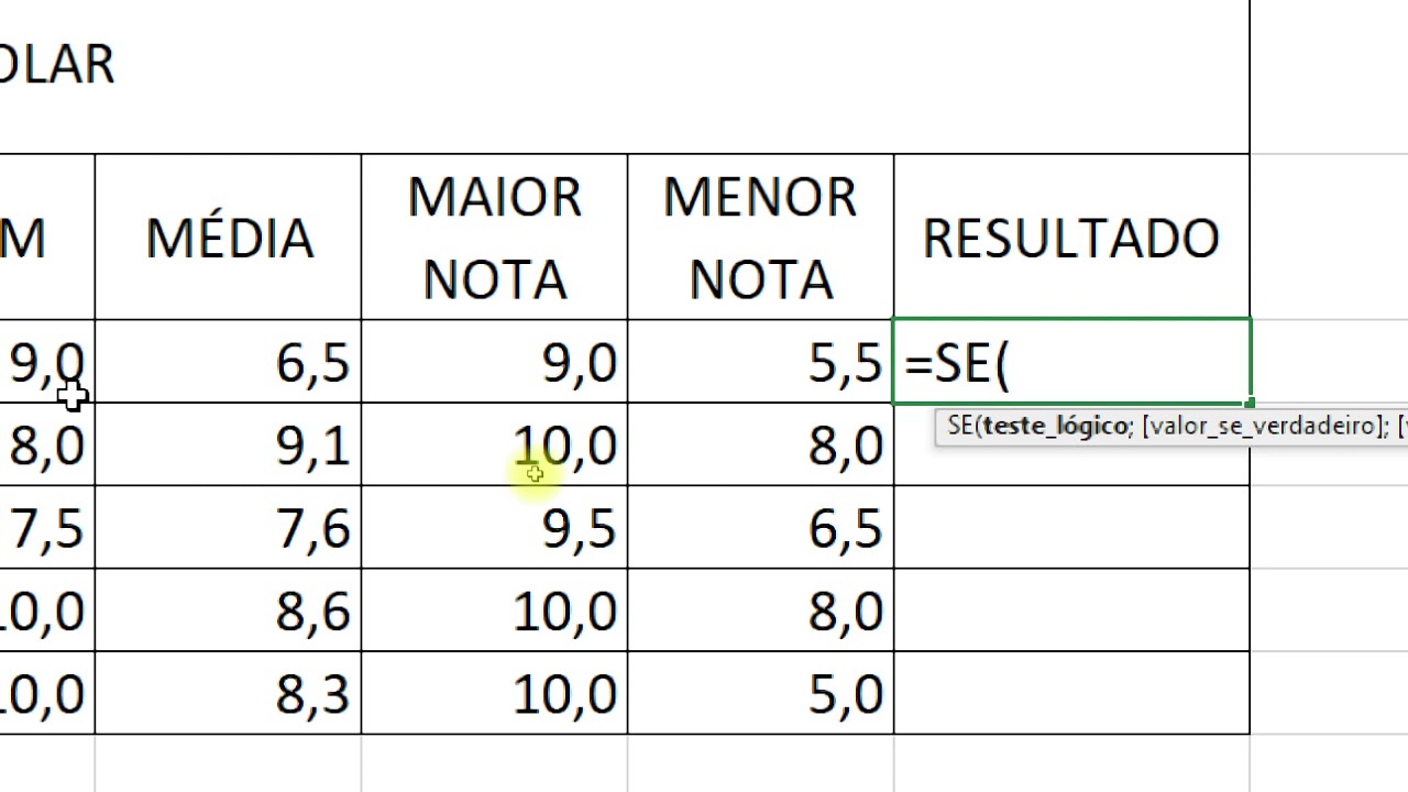Função SE - Excel Boletim Escolar