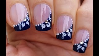 Deep Blue FRENCH MANICURE With Drag Marble FLOWER NAIL ART | NAILS At Home!