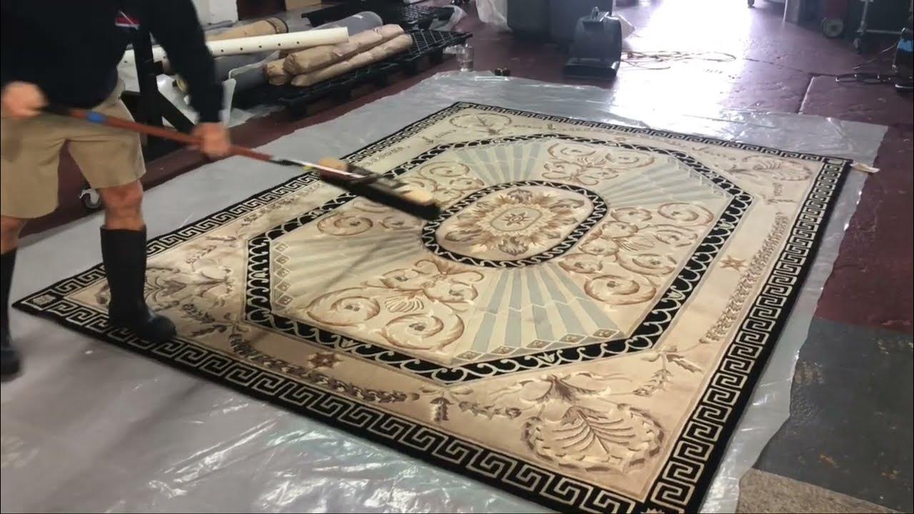 How to clean a heavily soiled tufted rug. Full wash & FIREHOSE rinse