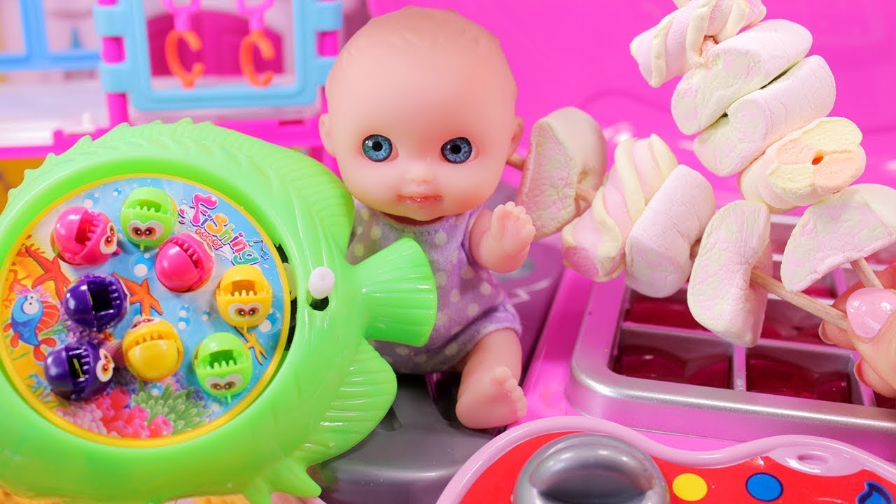 Baby Doll fishing game, Surprise eggs toys and Grill cooking food play