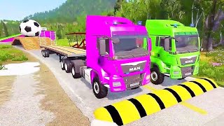 Double Flatbed Trailer Truck vs Speedbumps Train vs Cars Beamng.Drive #190  With Reverse