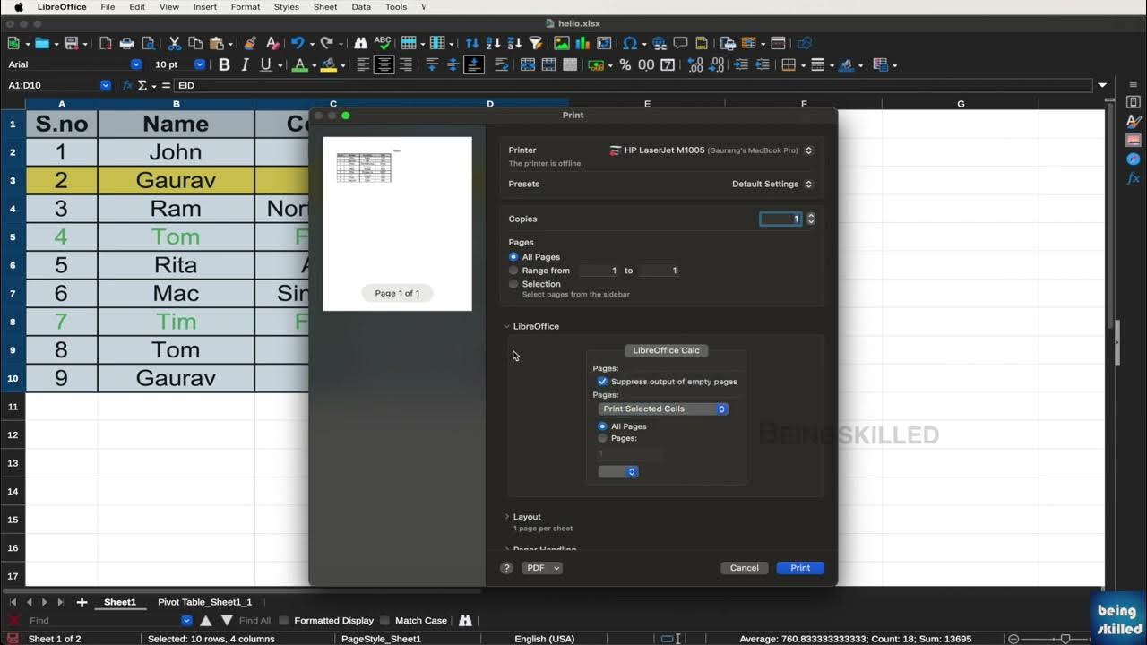 How to see Print preview, how to print documents from Libreoffice Calc