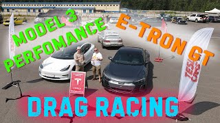 Drag racing. Audi e-tron GT vs Tesla Model 3 Performance? #teslacarsby #etronGT #model3perfomance