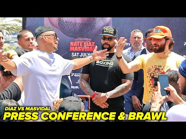 Nate Diaz vs Jorge Masvidal Full HEATED Press Conference BRAWL u0026 Face Off Video class=