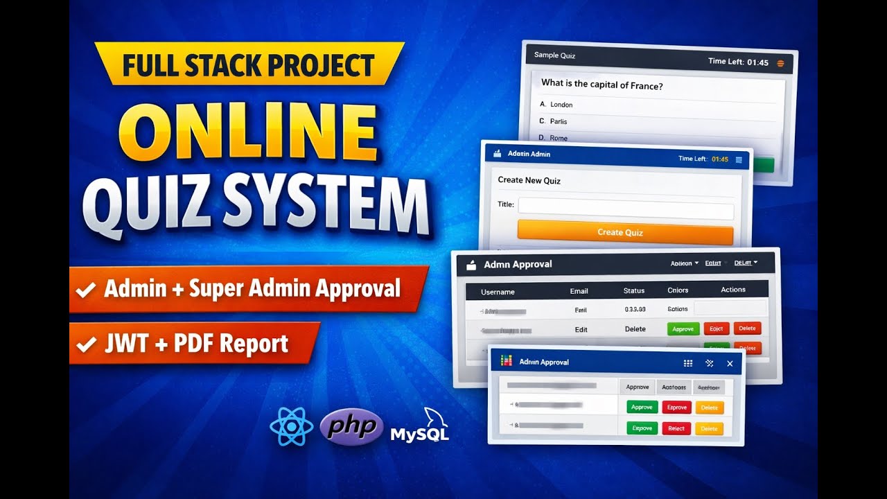 React + PHP Quiz App Project | Admin + Super Admin Approval | JWT Login | PDF Result Download