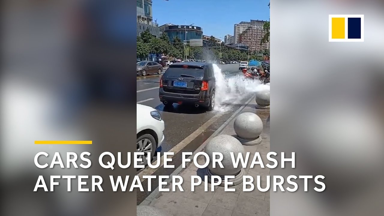 Cars queue for wash after water pipe bursts in China 