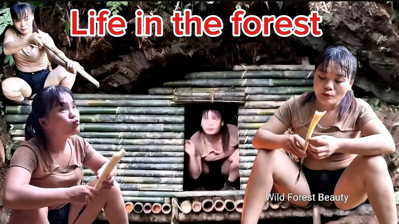 The girl alone challenges herself to build a shelter in the forest # ...