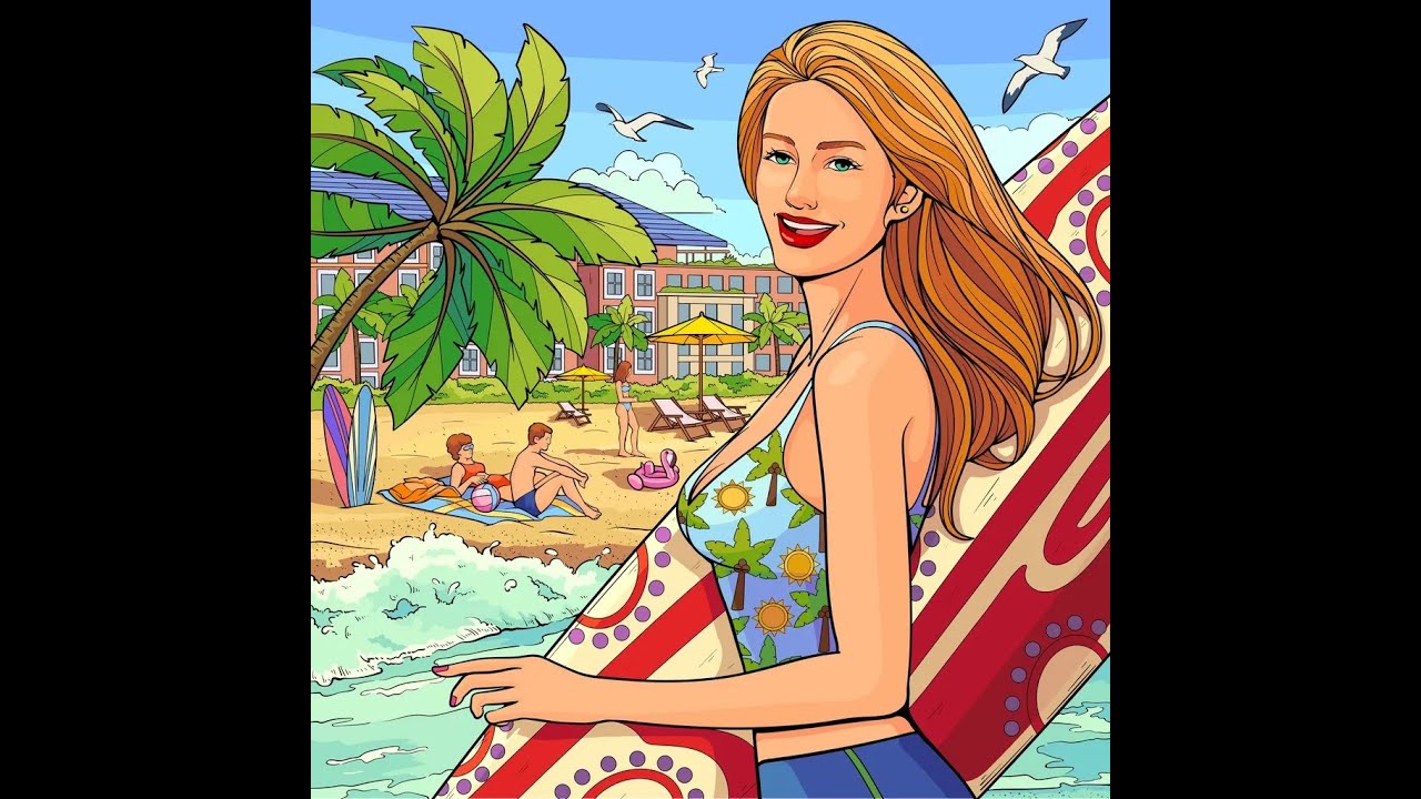 Girl surfing paint by numbers online game zen color summer vacation 