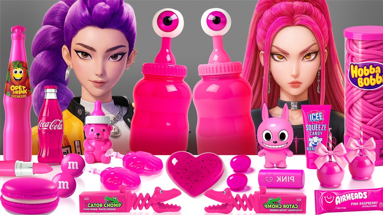 ASMR MUKBANG 24시간 동안 핑크색 음식만 먹기 챌린지 | ASMR 먹방 대형 젤리병 Rumi VS Mira KPop Demon Hunters