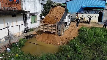 Activity New Project Landfill Flooded Soil Area!! 5T Tuck Unload , Bulldozer Komatsu Push Stone