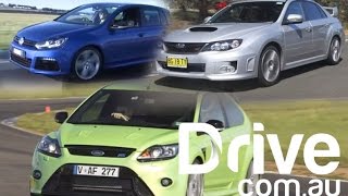 Subaru WRX STI v Ford Focus RS v Volkswagen Golf R 2010 | Performance | Drive.com.au
