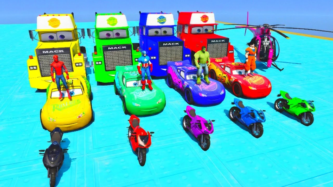 GTA V Mods Epic Ultimate Stunt Challenge SPIDER-MAN With Super Cars &  Mcqueen Disney Cars