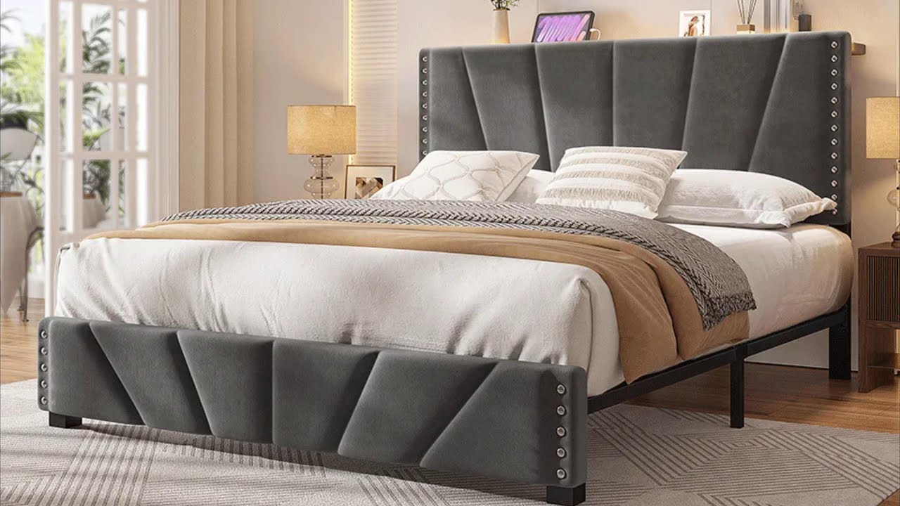 881LBS Metal Bed Frame, Velvet Headboard with Storage, Charging Station & LED Lights