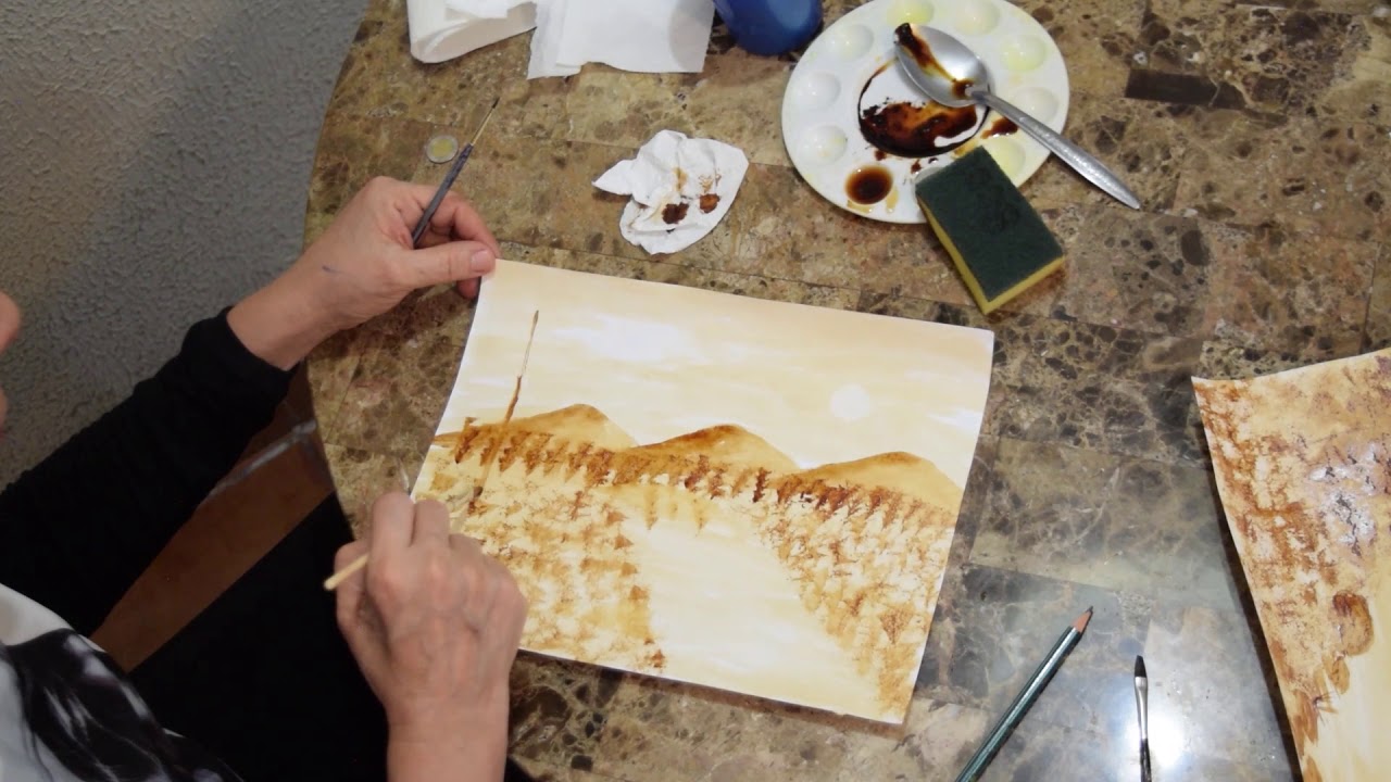Pintura de paisaje con técnica de café soluble