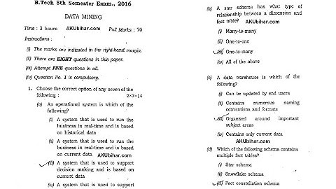 DATA MINING 2016 OJECTIVE QUESTIONS || AKU 8 SEM EXAM || WITH SOLUTION || CSE/ IT || PART 1