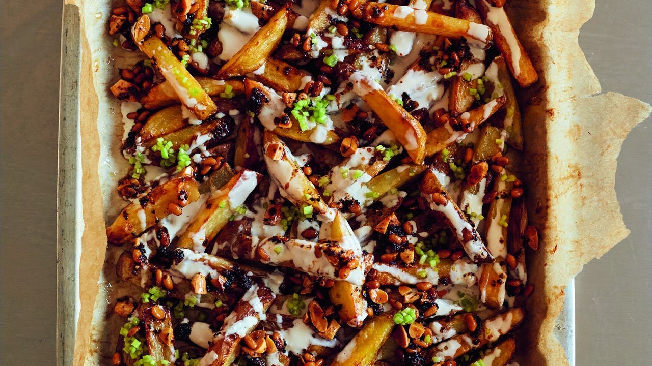 Loaded Oven Fries With Tahini Yogurt + Nuts