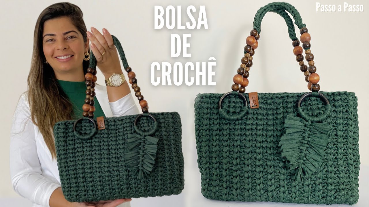 Como fazer uma bolsa de crochê moderna com alça de missangas e folha de macramê passo a passo