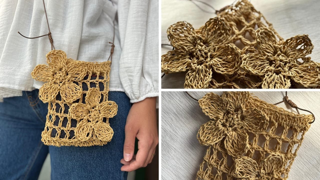 Tığ işi Kağıt İpten Çiçekli File Çanta | Bohem Omuz Çantası Handmade Crochet Flower Net Bag |