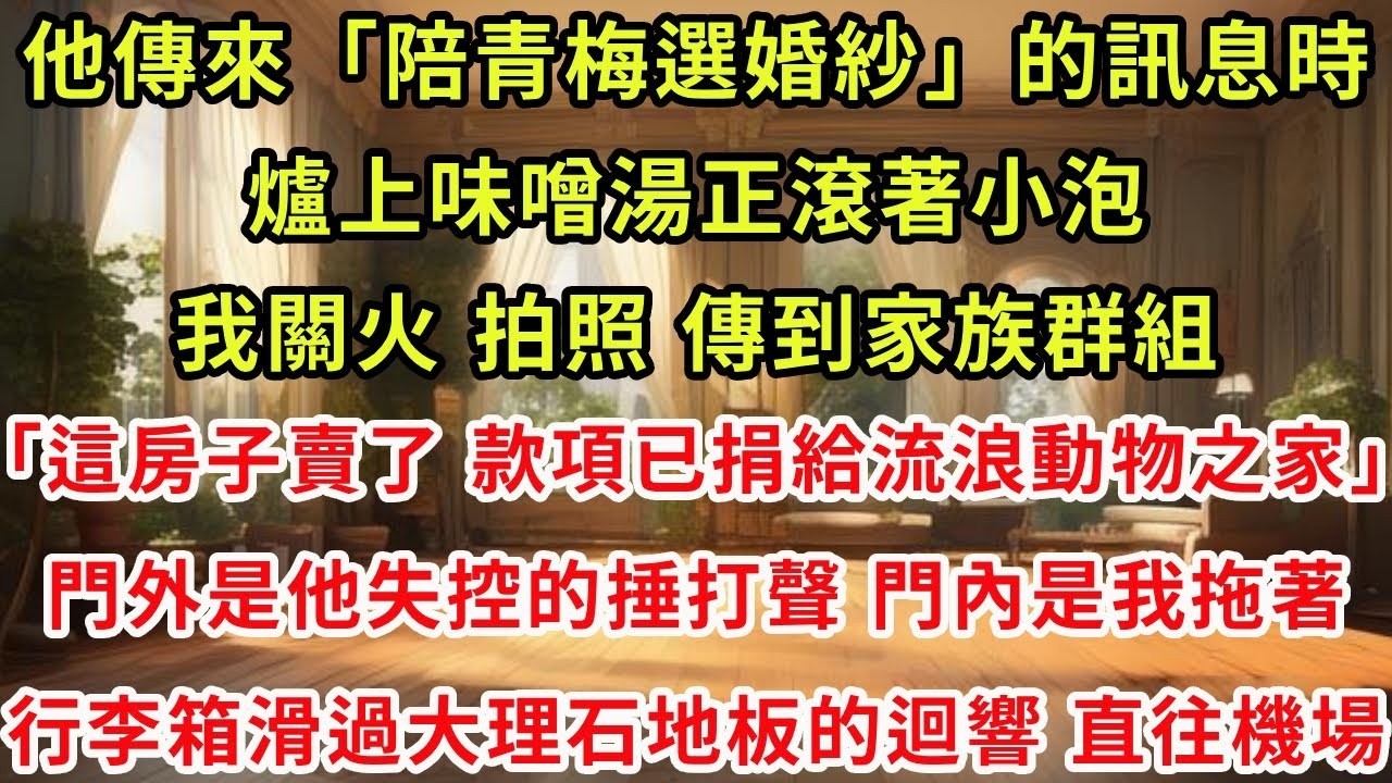 他傳來「陪青梅選婚紗」的訊息時，爐上味噌湯正滾著小泡。我關火、拍照、傳到家族群組：「這房子賣了，款項已捐給流浪動物之家。」門外是他失控的捶打聲，門內是我拖著行李箱滑過大理石地板的迴響，直往機場。#