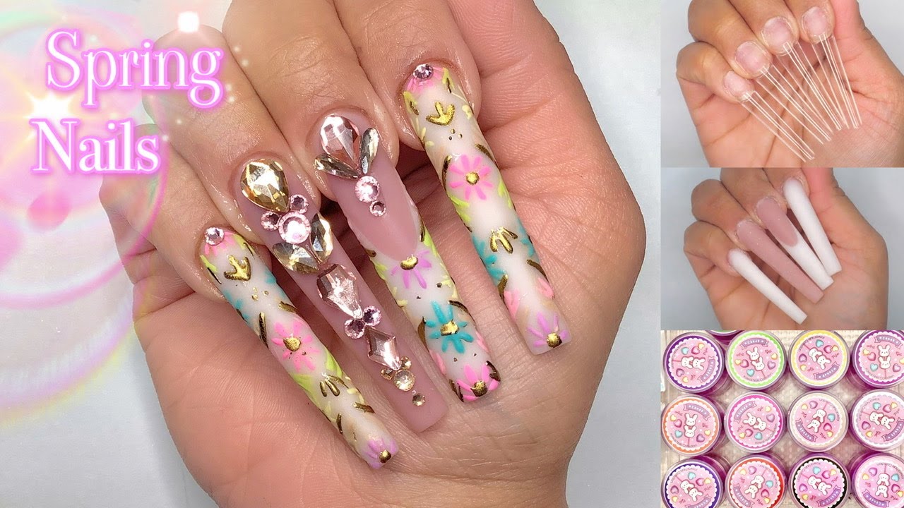 FLORAL SPRING HARD GEL NAILS 🌸 BLING & NAIL ART Builder Gel Nails