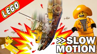 Lego slow motion dropping of Shrimp boat and explosion of Minecraft Ocelot