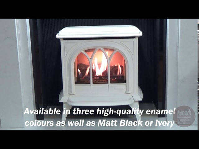 Gazco Huntingdon 30 gas stove with Arnolds Fireplaces Priory limestone  surround - YouTube