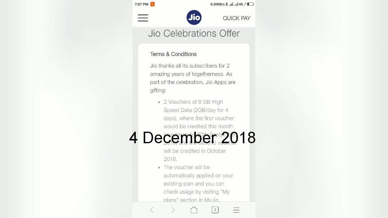 Jio Celebration Offer 2 GB Free  4 December 2018