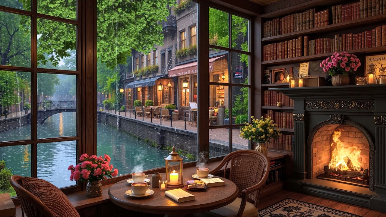 Кофейня в дождливый февраль ☕ Спокойная джазовая фортепианная музыка и звуки камина для учёбы