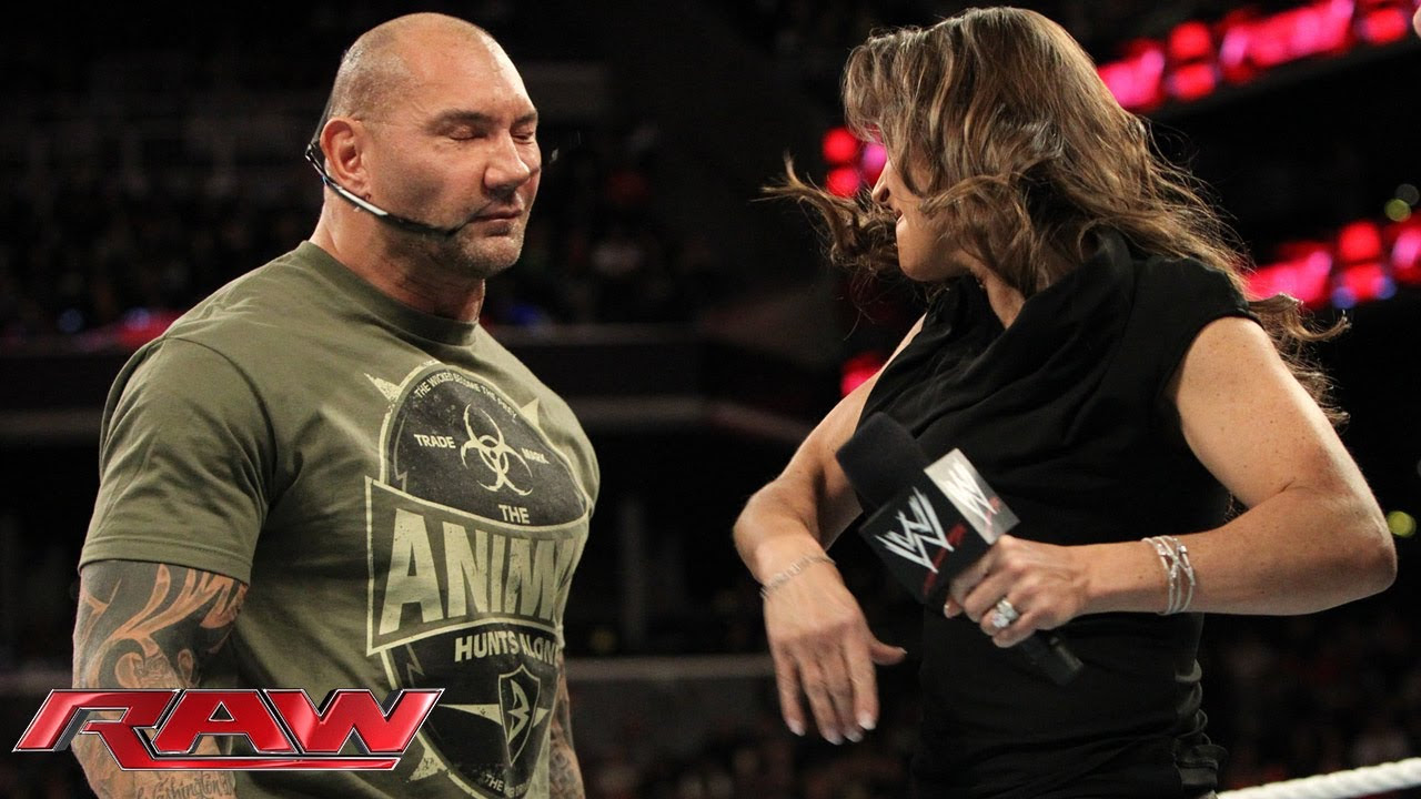 Stephanie McMahon Batista and Randy Orton argue about WrestleMania Raw March 24 2014