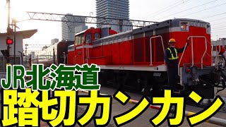 【踏切カンカン】JR北海道「苗穂駅」近くの開かずの踏切に行ってみたら、SL冬の湿原号の客車が通って行った！