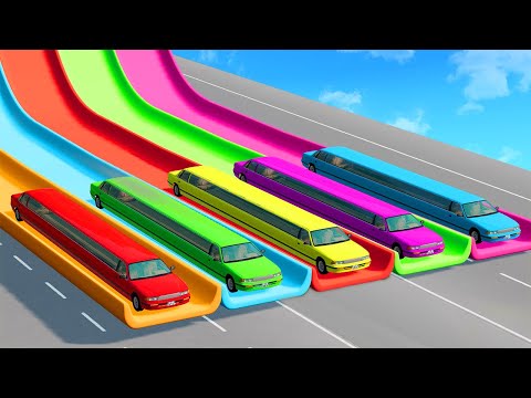 Flatbed Trailer Long Cars Transportation with Slide Colors - Car vs Deep Water vs Portal Trap BeamNG