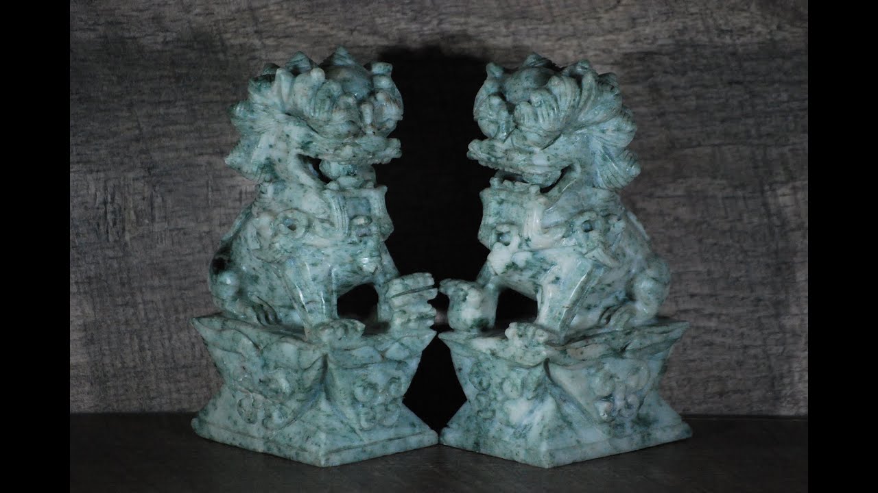 Pair Of Antique Jade Chinese Temple Lions / Dogs Of Foo / Foo Dogs