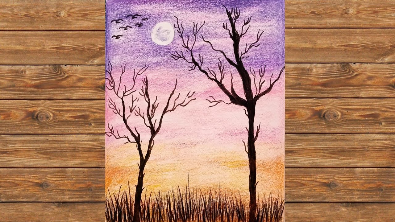 رسم سهل //رسم منظر طبيعي بالألوان الخشبية خطوة بخطوة //Drawing a scenery