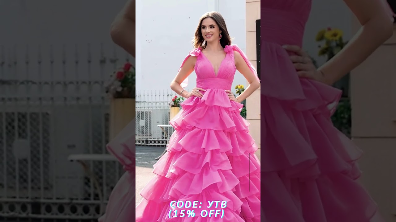 Princess A-Line V-Neck Fuchsia Tiered 